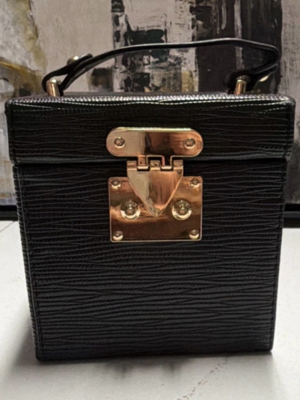 Black Structured Top-Handle Bag with Gold Hardware